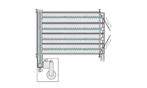 A top-down schematic of an industrial bottling line, showing conveyor belts with bottles, machinery for processing, and equipment for labeling and packaging on the right side near integrated recovery systems.