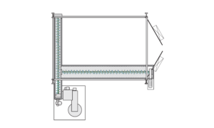 Technical diagram showing a top-down view of an industrial conveyor system with two parallel conveyor belts, a corner section, mechanical components, and angled screens—ideal for integration with Blast Booths or Abrasive Media Recovery Systems.